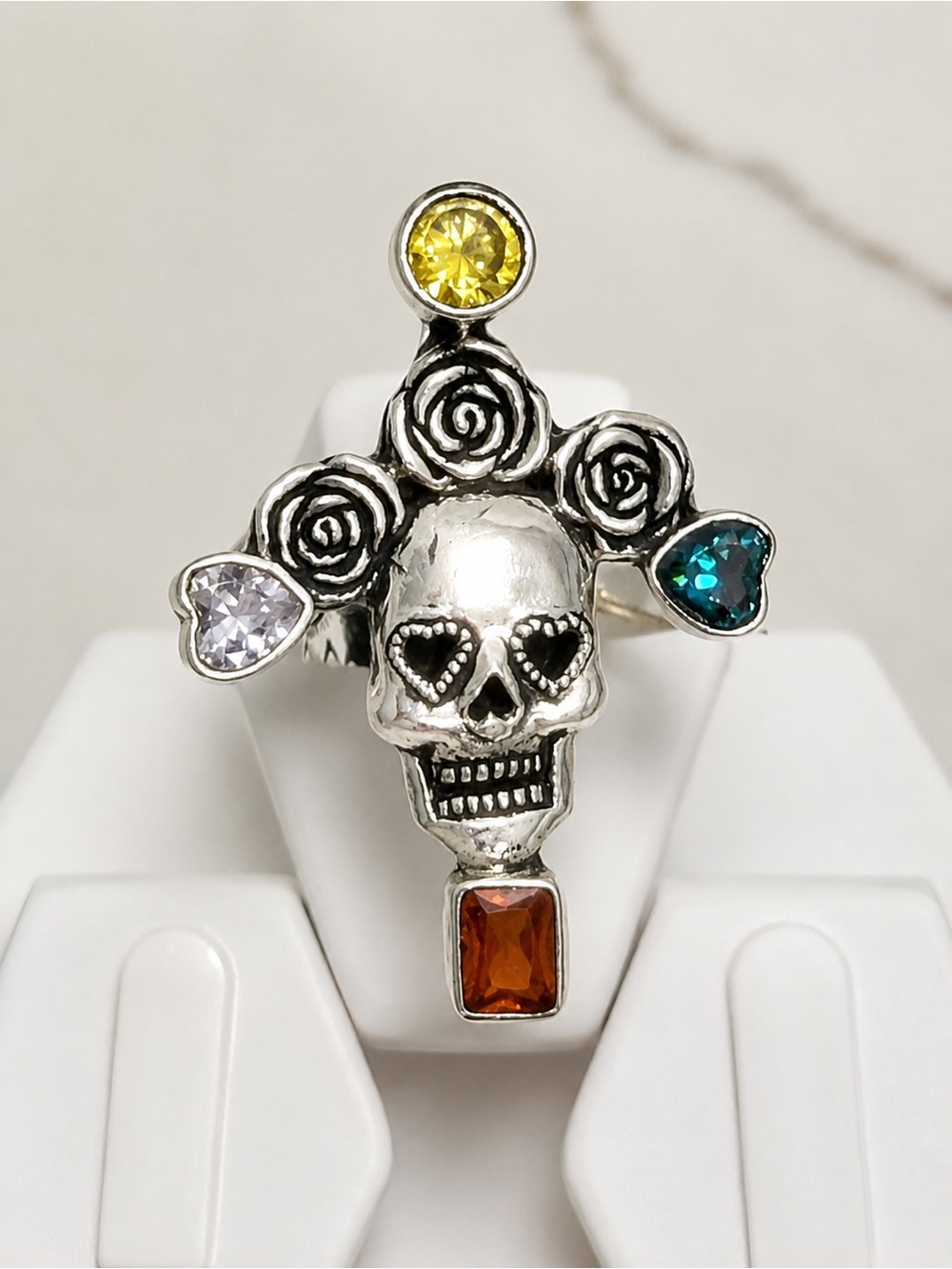 925 Sterling Silver Skull Ring with Multicolor Gemstones
